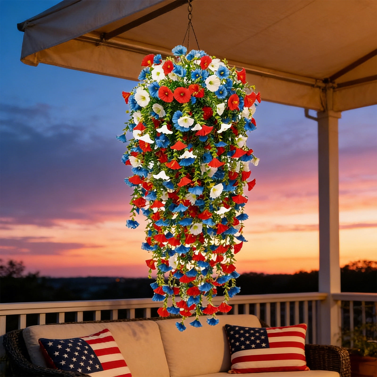 Nkmbld Artificial Hanging Flowers Outdoor Red Blue White Patriotic Fake Trailing Plant for 4th of July 250th Anniversary Veterans Independence Patio Yard Decor