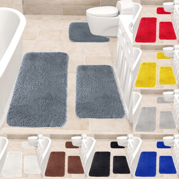 Nkmbld Bath Mats Solid Color Bath Mats 3 Set Bathroom Rugs Soft Comfortable Toilet Mats Water Absorption Non-Slip Thick Machine Washable, Drak Gray