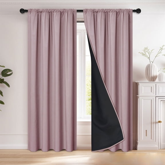 Nkmbld Bedroom Curtains Rod-Pull Thermal Insulated Bedroom Drapes, Noise-Reducing and Light Blocking Curtains with Black Liner Backing, Pink
