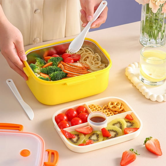 Nkmbld Bento Box Adult, Stainless Steel Food Storage Container with Fork and Spoon, All-in-One Large Bento Box Leak-Proof Lunchbox, Microwave Safe