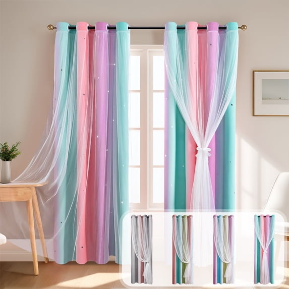 Nkmbld Blackout Curtains for Bedroom, Gradient Striped Double-Layer Shade Curtains Dreamy Star Shade Drapes for Bedroom Holiday Party Wedding Decoration