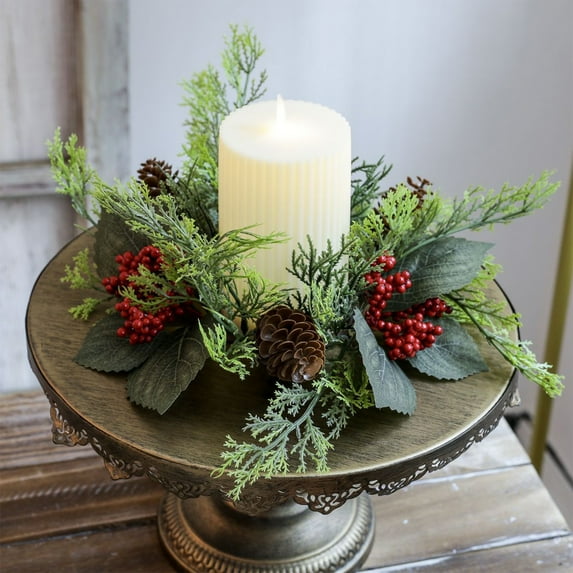 Nkmbld Candle Ring Valentine's Day Candle Holder Wreath with Pine Cones Artificial Berry Candle Rings Wreaths for Wedding, Holiday Table Centerpiece