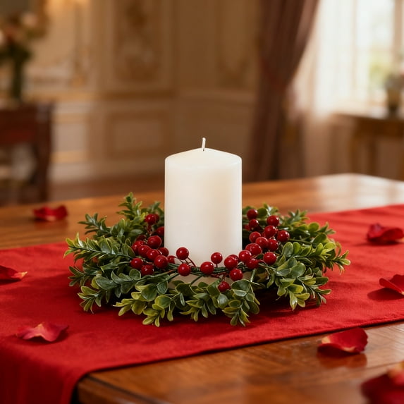 Nkmbld Candle Ring Valentine's Day Wreath Pillar Candlestick Norfolk Pine Garland Artificial Red Berries Branch Pinecones Wreaths for Table Centerpiece