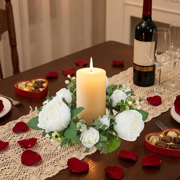 Nkmbld Candle Rings Flower Wreath Artificial Rose Candle Holder for Wedding Centerpieces Spring Home Garland Farmhouse Party Tables Decoration