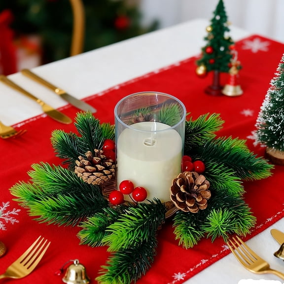 Nkmbld Candle Rings Wreath Pillar Candlestick Norfolk Pine Garland Artificial Red Berries Branch Pinecones Wreaths for Holiday Table Centerpiece