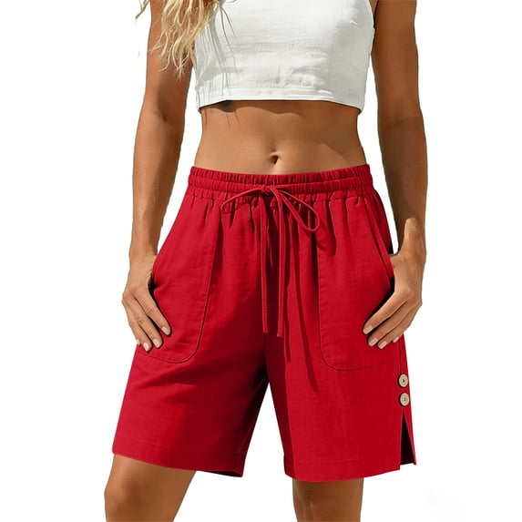Nkmbld Casual Linen Shorts for Women Drawstring Elastic Waist Split Side Summer Comfy Short with Pockets
