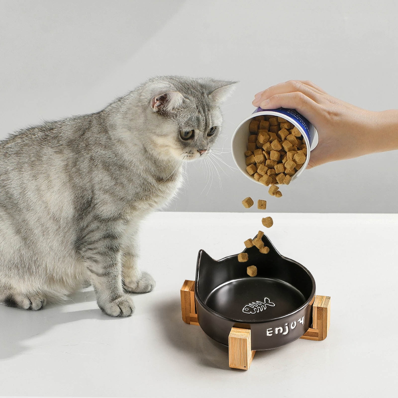Nkmbld Cat Bowls Elevated, Ceramic Pet Bowls Durable Raised Cat Food and Water Bowl Set with Antis-Slip Wooden Stand, Easy to Clean, BPA-Free