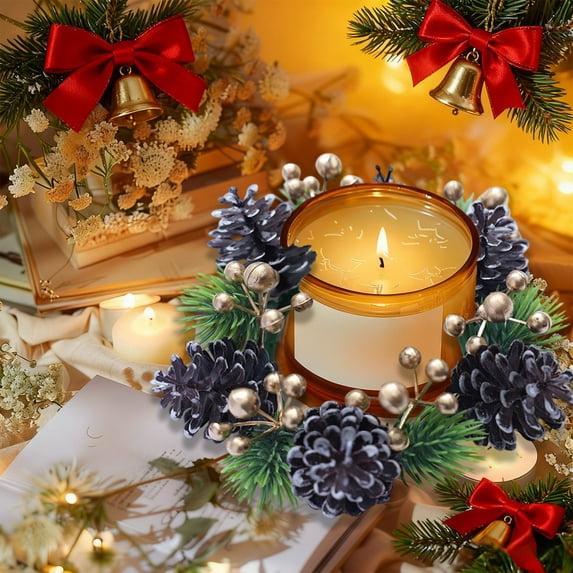 Nkmbld Christmas Candle Rings Wreath Kitchen Cabinet Mini Wreath Artificial Pines Cones Red Berry Candle Ring Holder for Chandelier Home Table Centerpiece