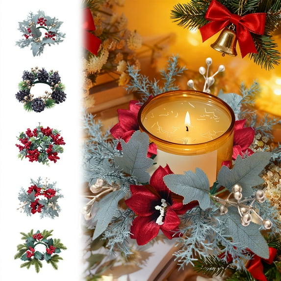 Nkmbld Christmas Candle Rings Wreath Kitchen Cabinet Mini Wreath Artificial Pines Cones Red Berry Candle Ring Holder for Chandelier Home Table Centerpiece