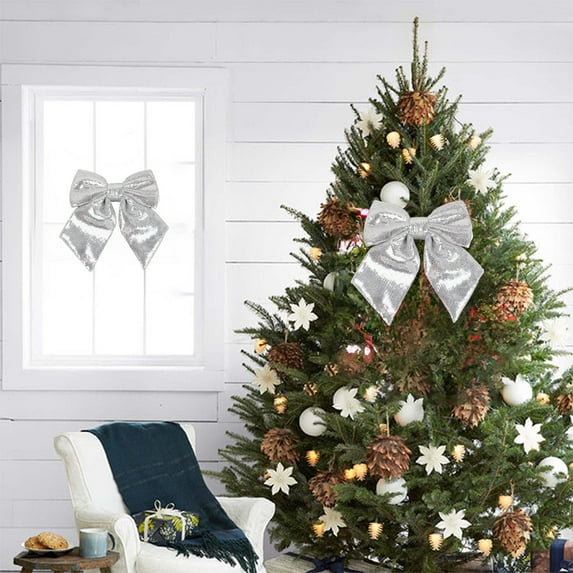 Nkmbld Christmas Decoration Sequined Bow Glitter Bow Tie Christmas Tree Ornaments Wreath Decoration Door and Window Hangings Party Decorations, Silver