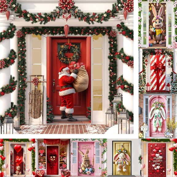 Nkmbld Christmas Decorations Door Cover, Xmas Door Covers Banners Photography Background for Front Door Porch Farmhouse Home Indoor Outdoor Decoration