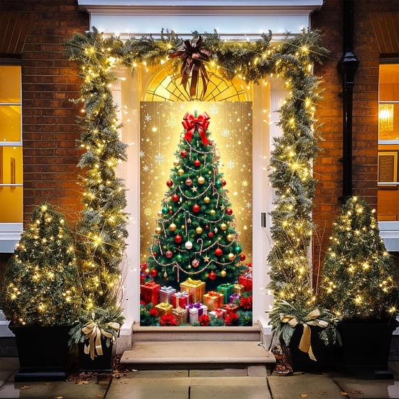 Nkmbld Christmas Door Banner Christmas Door Cover, Xmas Backdrop Background Banner Outdoor Sign Front Yard Door Walls Home Party Supplies