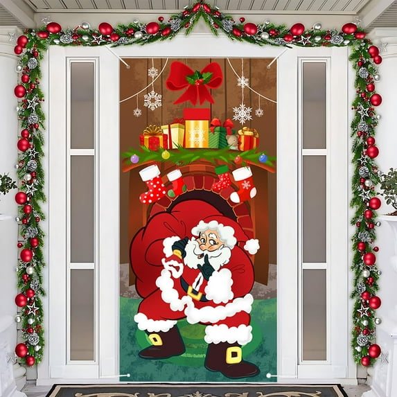 Nkmbld Christmas Door Cover Banner for Front Door, Christmas Door Hanging Backdrop Decorations for Home Indoor Outdoor Winter Holiday Party Decor