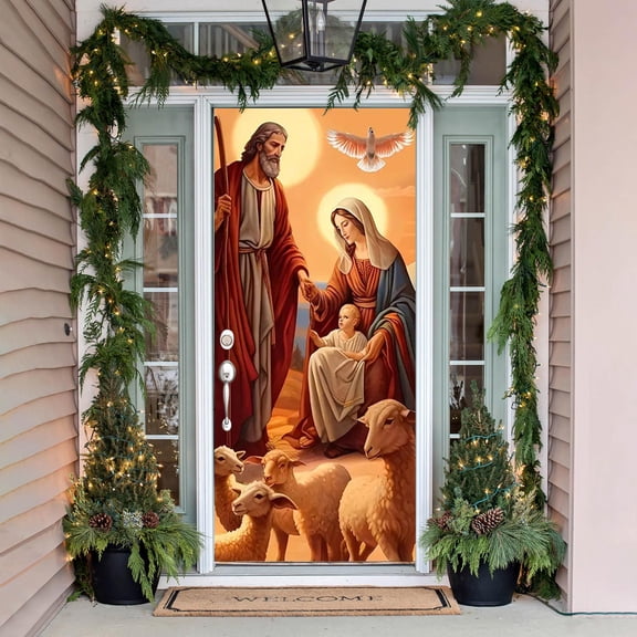 Nkmbld Christmas Door Cover Decoration Tapestry Decoration for Winter Indoor Outside Front Door Banner Farmhouse Party Supplies