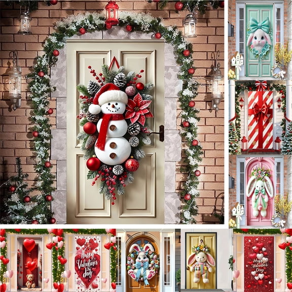 Nkmbld Christmas Door Covers for Front Door, Christmas Door Hanging Backdrop Decorations for Home Indoor Outdoor Winter Holiday Party Decor