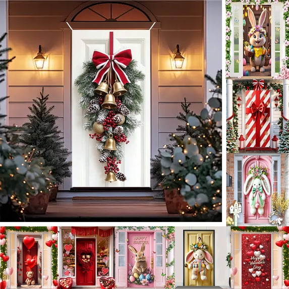 Nkmbld Christmas Door Covers for Front Door, Christmas Door Hanging Backdrop Decorations for Home Indoor Outdoor Winter Holiday Party Decor