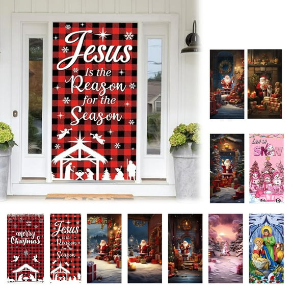 Nkmbld Christmas Door Covers for Front Door, Christmas Door Hanging Backdrop Decorations for Home Indoor Outdoor Winter Holiday Party Decor