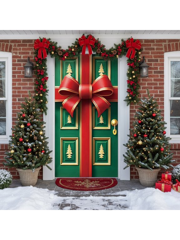 Christmas Door Covers for Front Door, Christmas Photography Background Backdrop for Front Door Porch Farmhouse Home Indoor Outdoor Decoration