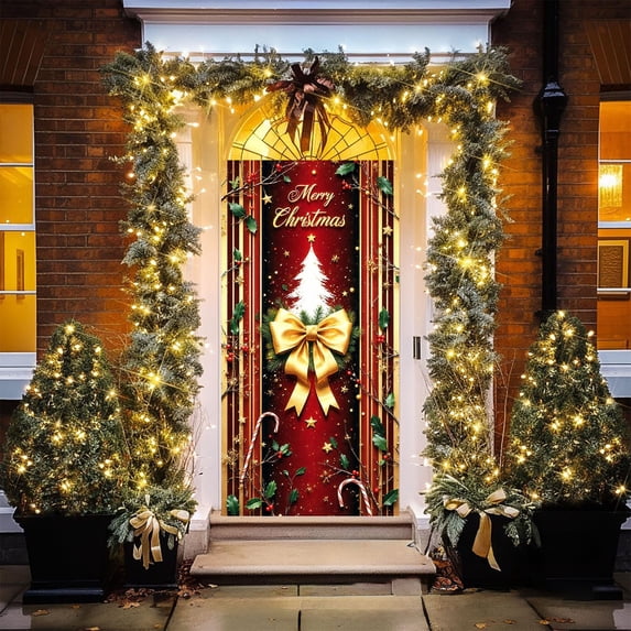 Nkmbld Christmas Door Covers for Front Door, Xmas Backdrop Background Banner Outdoor Sign Front Yard Door Walls Home Party Supplies