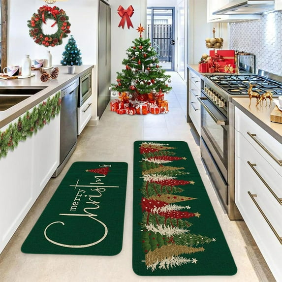 Nkmbld Christmas Door Mat, 2Pcs Christmas Kitchen Rugs and Mats for Floor, Non Slide Backing Mat Merry Christmas Kitchen Rug Sets with Runner Xmas Decor