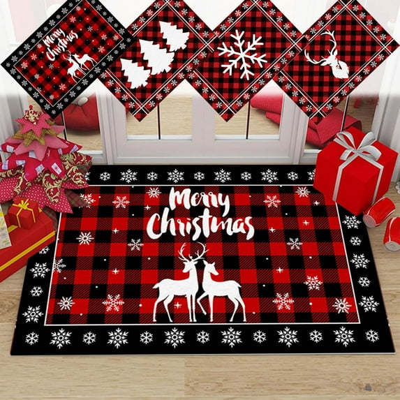Nkmbld Christmas Door Mat Indoor Entrance, Christmas Plaid Series Crystal Velvet Material Antler Welcome Floor Mat, Holiday Winter Home Decoration, Red