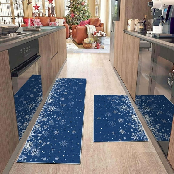 Nkmbld Christmas Doormat, Snowflake Kitchen Rugs and Mats Blue Christmas Floor Mats Non-Slip Snowflake Winter Rugs for Christmas Kitchen Decorations
