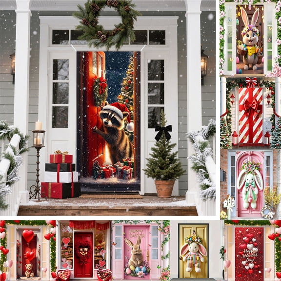 Nkmbld Christmas Front Door Decoration Christmas Door Cover, Xmas Door Hanging Backdrop Decorations for Home Indoor Outdoor Winter Holiday Party Decor