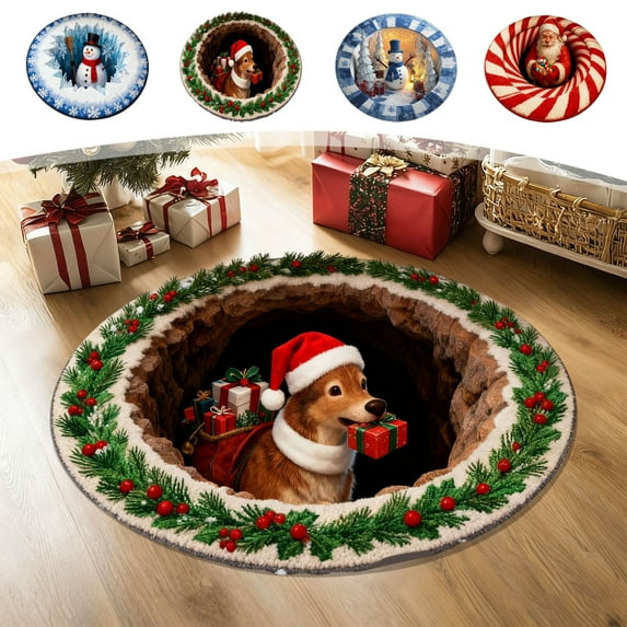 Nkmbld Christmas Front Door Mat, Christmas Circular Carpet Stereoscopic Visual Effect Entrance Floor Mats Household Absorbent Nonslip Welcome Doormat