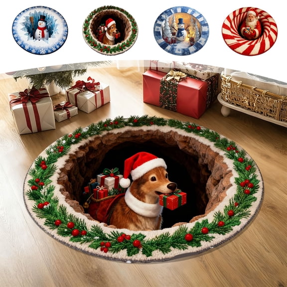 Nkmbld Christmas Front Door Mat, Christmas Circular Carpet Stereoscopic Visual Effect Entrance Floor Mats Household Absorbent Nonslip Welcome Doormat