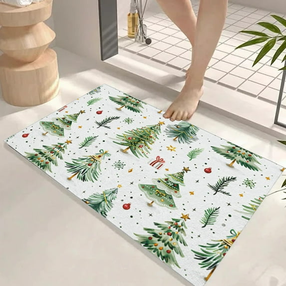 Nkmbld Christmas Front Door Mat, Entrance Doorway Floor Mat Bathroom Non-Slip Absorbent Christmas Tree Pattern Carpet for Home Holiday Decor, White