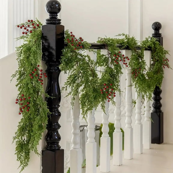 Nkmbld Christmas Garland for Stairs, Fireplace, Christmas Pines Needle and Textured Artificial Greenerys Cattails Grass with Red Berries Christmas Wreath