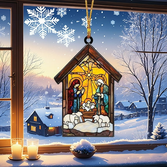 Nkmbld Christmas Ornaments Nativity Scene Suncatcher Stained Window Hanging Pendant Christmas Decorations for Tree Walls Windows Doors