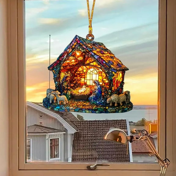 Nkmbld Christmas Ornaments Nativity Scene Suncatcher Stained Window Hanging Pendant Christmas Decorations for Tree Walls Windows Doors