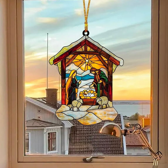 Nkmbld Christmas Ornaments Nativity Scene Suncatcher Stained Window Hanging Pendant Christmas Decorations for Tree Walls Windows Doors