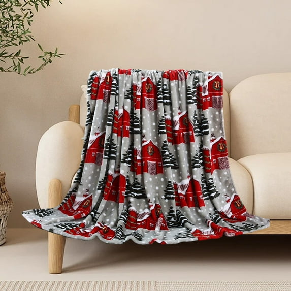 Nkmbld Christmas Throw Blanket Christmas Elements Printed Flannel Blanket, Cozy Flannel Red Christmas Decoration for Party Sofa Bed Living Room