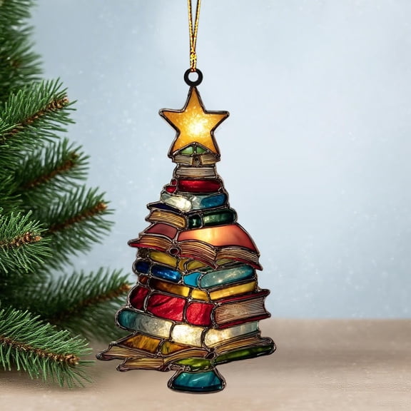 Nkmbld Christmas Tree Shape Bookshelf Pendant, Book Lover Ornaments, 2D Flat Acrylic Tree Ornament, Stacked Books for Library Decoration (Book Shaped)