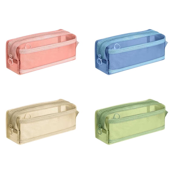 Nkmbld Clear Mesh Pencil Case with Handle and Zipper, Double-Layer Pencil Pouch, Travel Makeup Bag, Cute Transparent Pen Bag for Adult Office, Pink