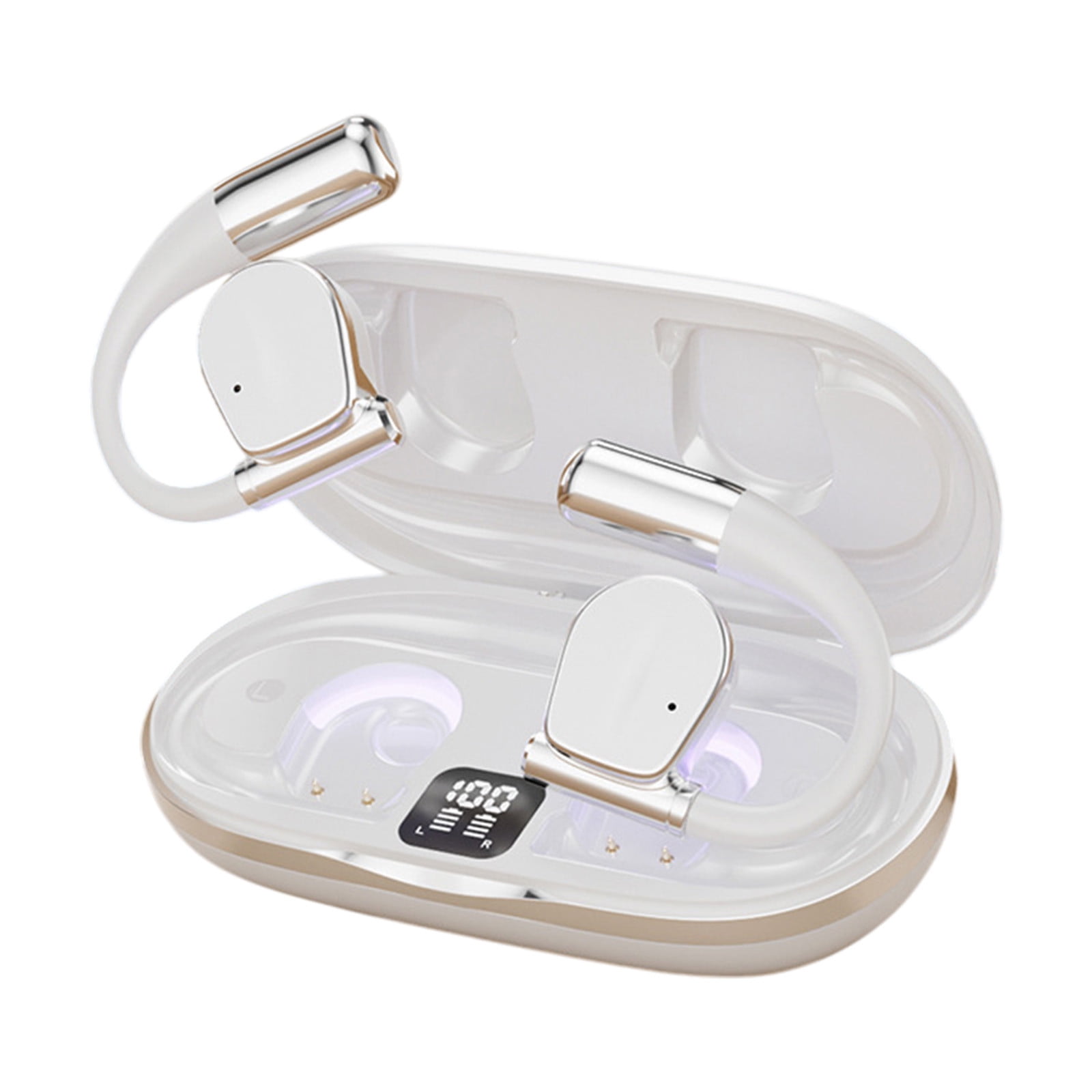 Nkmbld Cordless Earphones Wireless Bluetooth Earphones Open End Non in Ear HD Call Digital Display Earphones, White