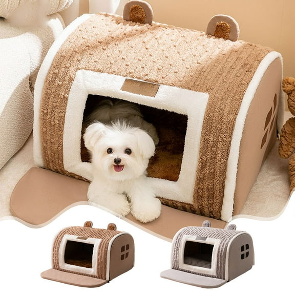Nkmbld Cozy Dog Bed or Cat Bed, Pet Villa Indoor Pet House with Fluffy Mat, Anti-Slip & Washable Super Soft Fluffy Plush Faux Fur Pet Bed, Brown