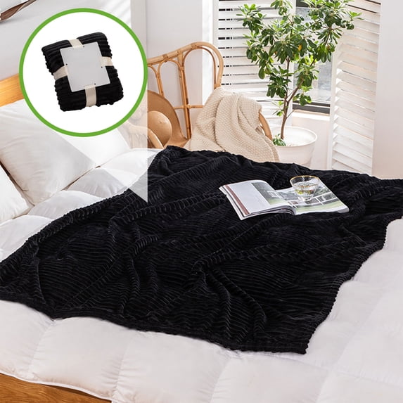 Nkmbld Cozy Faux Fur Throw Blanket for Couch, Soft Thick Facecloth Blankets, Luxury Fuzzy Plush Thick Bubble Blanket, Machines Washable, Black