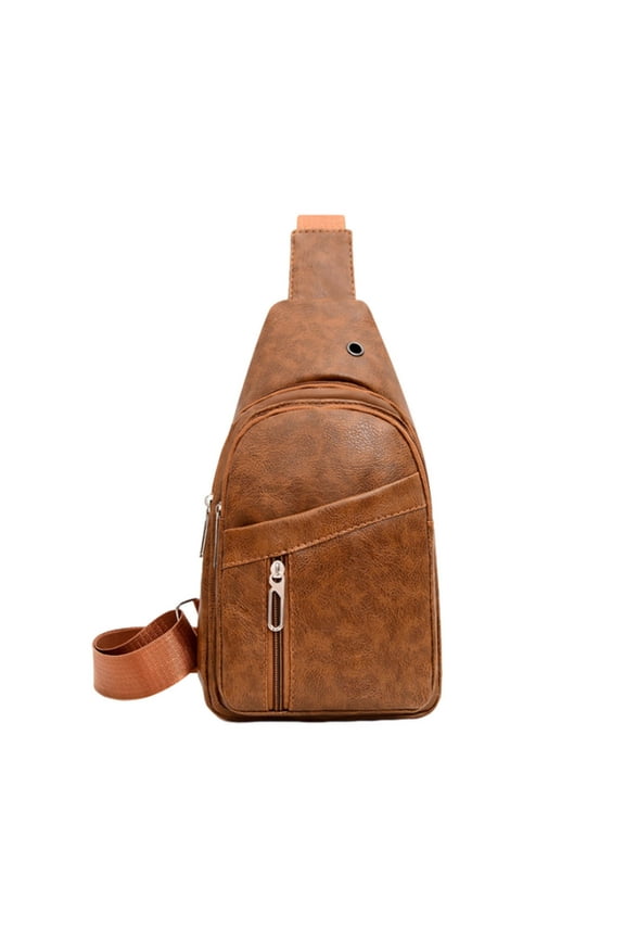 Crossbody Bags for Men, Soft Leather Sling Bag Crossbody Backpack with Headphone Hole Multipurpose Chest Bag for Travel Sport Running Hiking, Brown