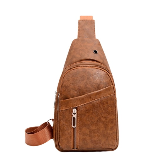 Nkmbld Crossbody Bags for Men, Soft Leather Sling Bag Crossbody Backpack with Headphone Hole Multipurpose Chest Bag for Travel Sport Running Hiking, Brown