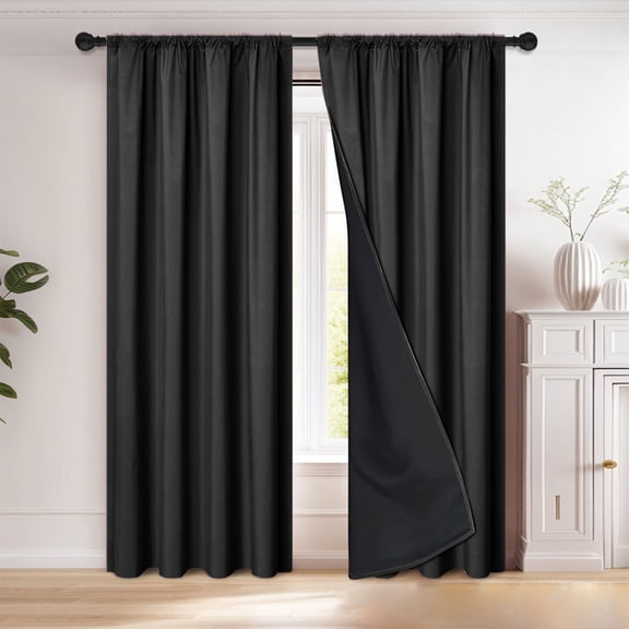 Nkmbld Curtains for Living Room, Rod-Pull Thermal Insulated Bedroom Drapes, Noise-Reducing and Light Blocking Curtains with Black Liner Backing, Black