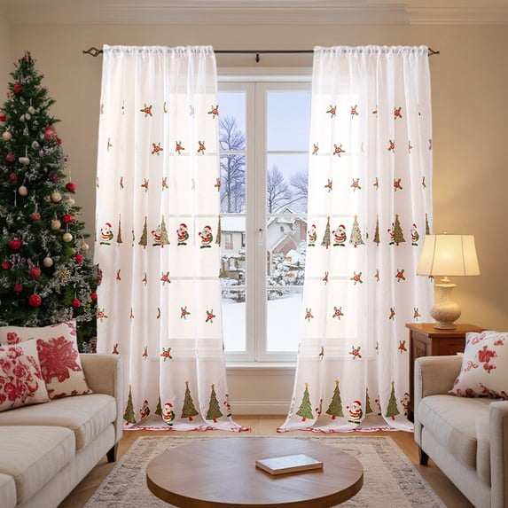 Nkmbld Curtains for Living Room, Christmas Curtains Santa Claus Embroidered Window Screen Rectangular Beautification Decorative Drapes, White
