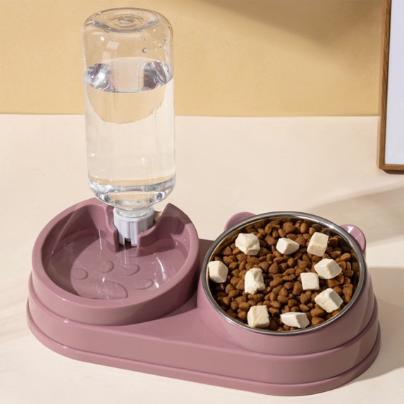 Nkmbld Double Cat Bowls, 2 in1 Pet Water and Food Bowl Set with Automatic Waterer Bottle, Reusable Stainless Steel Bowl No-Spill for Cats Dogs