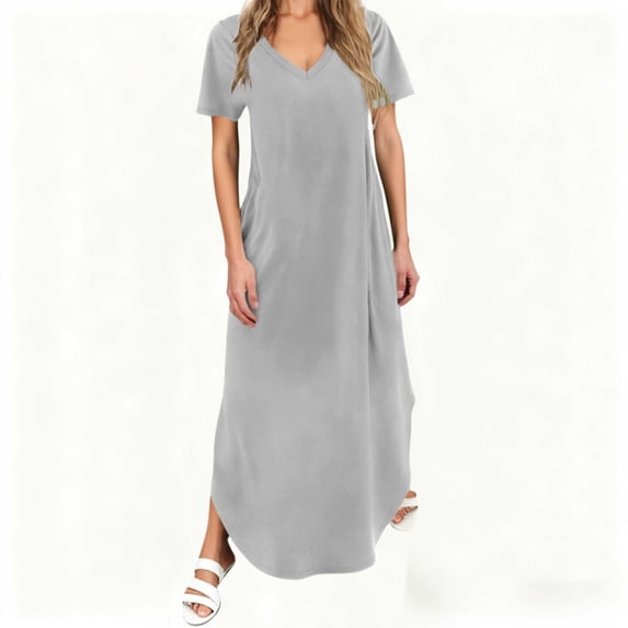 Nkmbld Dresses for Women Casual Solid Color Summer Spring V-Neck Short Sleeve Women's Casual T-Shirt Dress