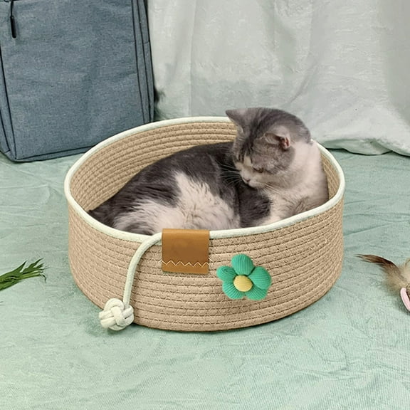 Nkmbld Durable Comfortable Pet Bed Round Cotton Rope Woven Warm Medium Pet Sleeping Bed Cute Scratching Pad Suitable for Small Medium Large Dogs Cats, Brown