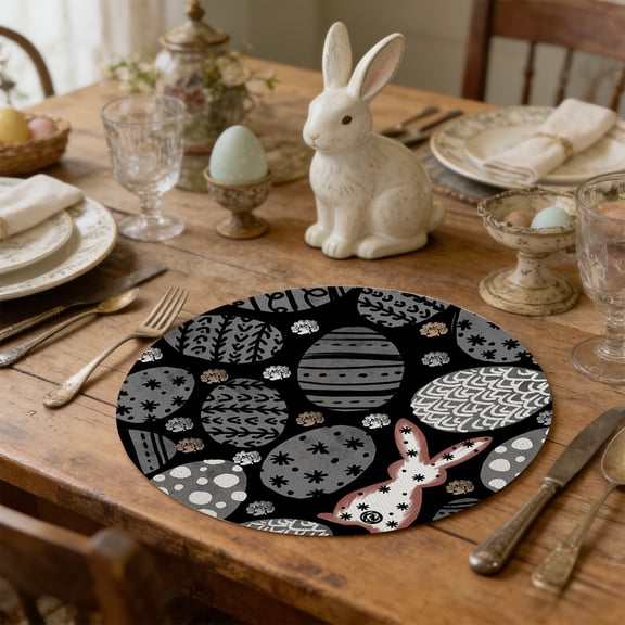 Nkmbld Easter Dining Placemats Round Linen Placemats Cute Bunny and Easter Egg Patterns Place Mats Seasonal Spring Table Mats for Party Kitchen Dining Decoration