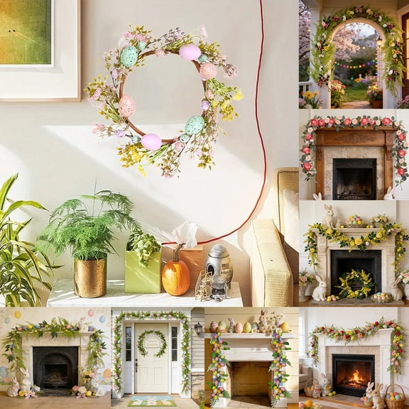 Nkmbld Easter Garland Decoration, Artificial Hanging Floral Garland Spring Decor for Indoor Outdoor Home Kitchen Mantle Fireplace Holiday Party