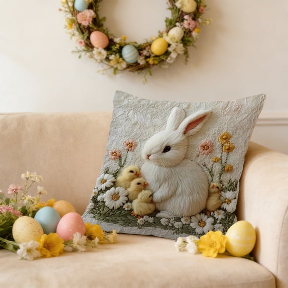 Nkmbld Easter Throw Pillow Covers Faux Embroidery Bunny Egg Decoration Home Sofa Cushion Cover, Vintage Accent Farmhouse Pillowcases Boho Home Decor